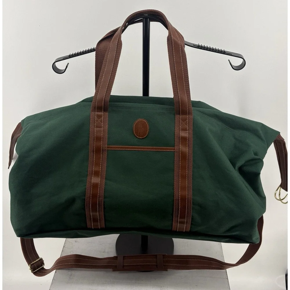 VTG Ralph Lauren Green Duffle Bag Fragrance Weekender Brown Trim Extra Large 30